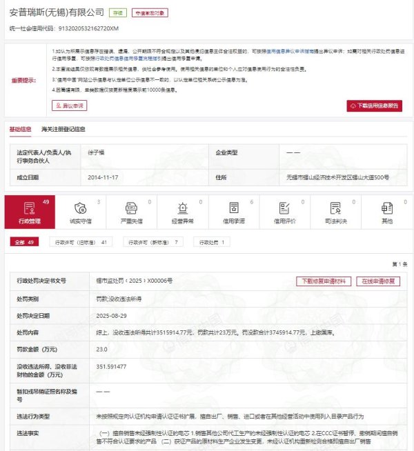 倍选网 安普瑞斯(无锡)有限公司被罚没375万
